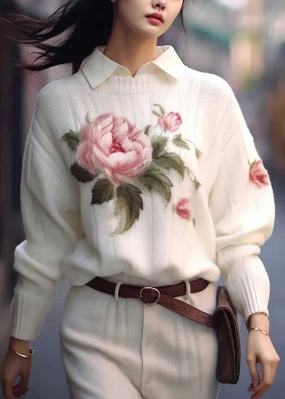 White O Neck Print Cozy Knit Sweaters Fall
