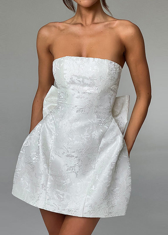Pink Jacquard Strapless Bow Mini Dress Sleeveless