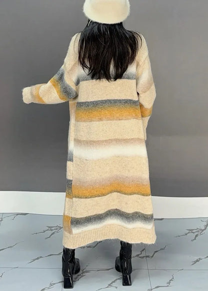 Yellow Striped Pockets Knit Long Cardigan Winter
