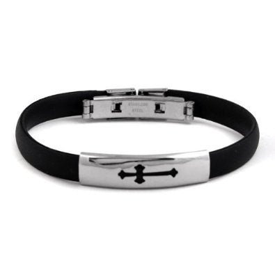Black Rubber Steel Cross Id Bracelet