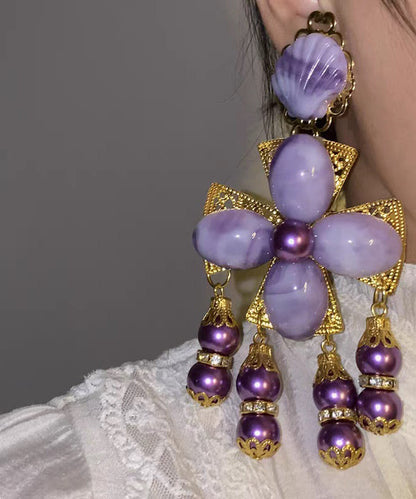 Gradient Color Purple Sterling Silver Overgild Shell Tassel Drop Earrings