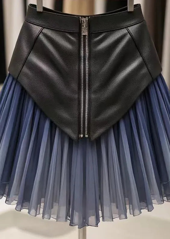 Art Blue Wrinkled High Waist Tulle Patchwork Skirts