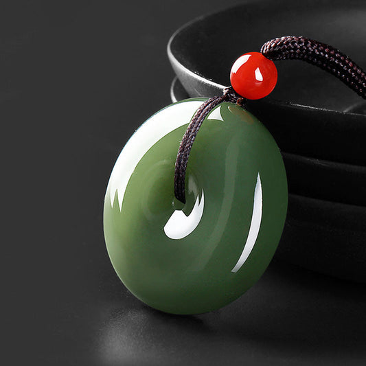Buddha Stones Natural Round Jade Peace Buckle Prosperity Necklace String Pendant