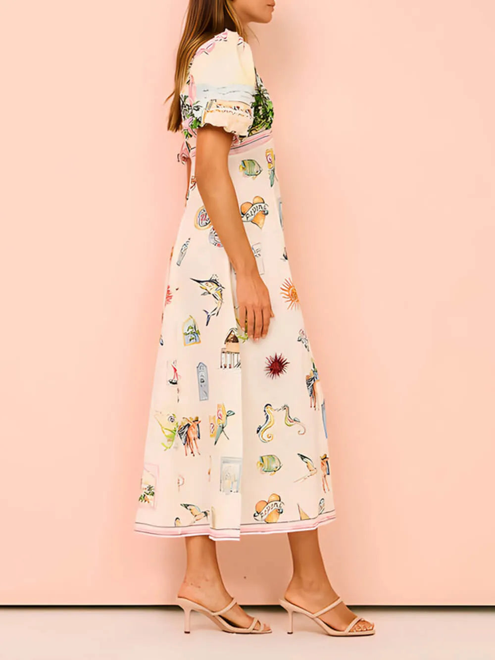 Feature Printed Style Round Neck Midi Dress