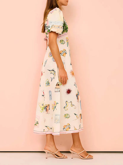Feature Printed Style Round Neck Midi Dress