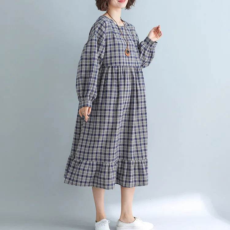Apparel Loose Plaid Dress Cotton Linen Dresses