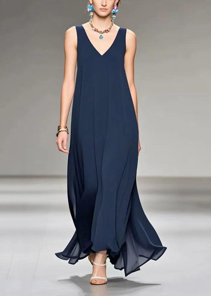 Navy V Neck Draping Chiffon Cami Dress Sleeveless