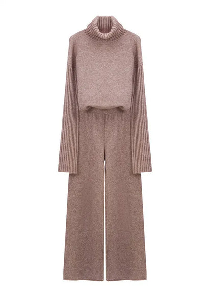 Apricot Hign Neck Sweaters and Pants Knit Two Piece Suit Set Winter