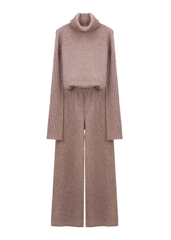 Apricot Hign Neck Sweaters and Pants Knit Two Piece Suit Set Winter