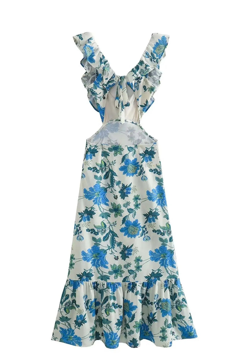 Ruffled Cutout Printed Lace Up Dress