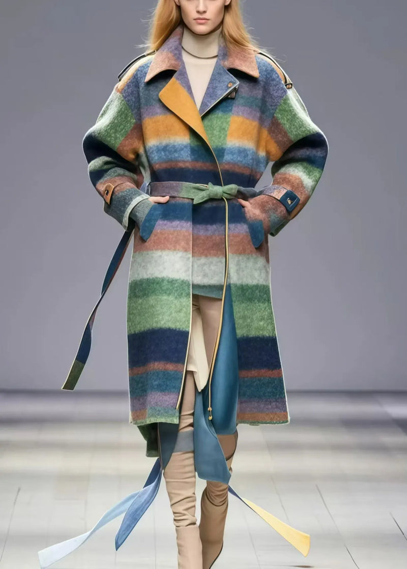 Multicolor Tie Waist Striped Woolen Coat Fall