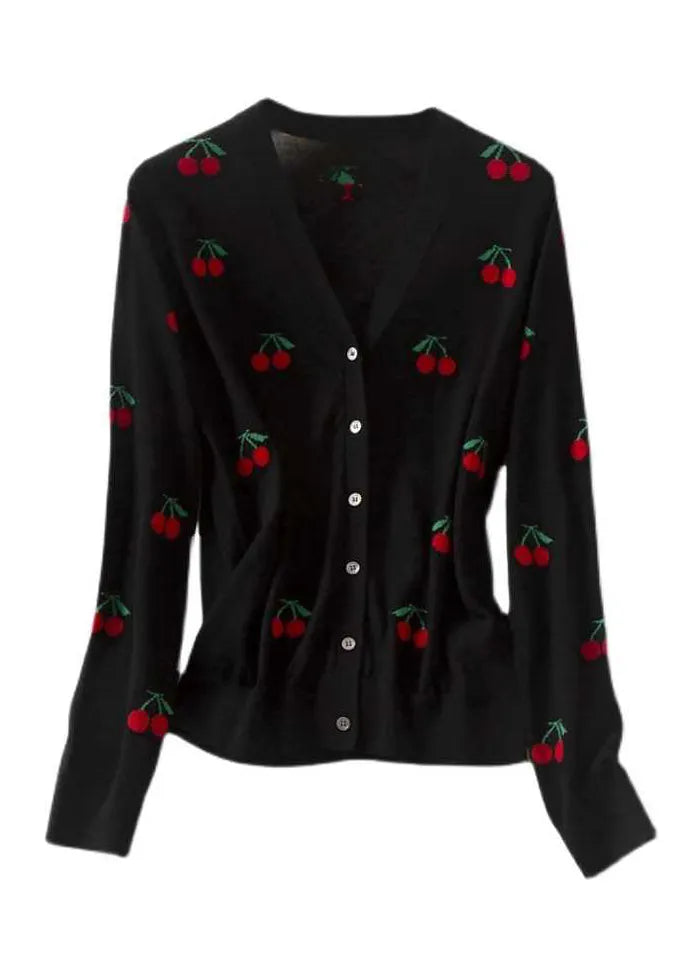 Black V Neck Embroideried Button Woolen Knit Cardigan Long Sleeve