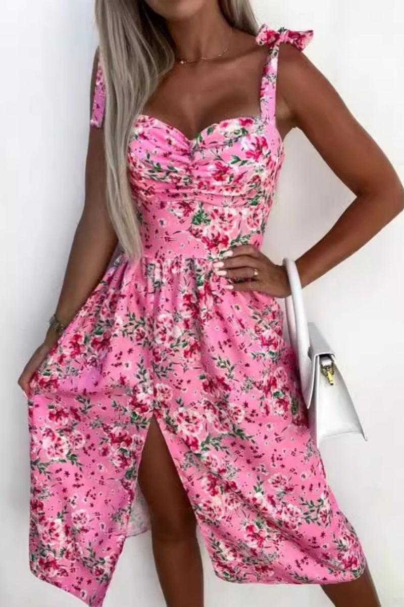 Color Print Backless Slit Belted Spaghetti Strap Sleeveless Dresses(7 Colors)