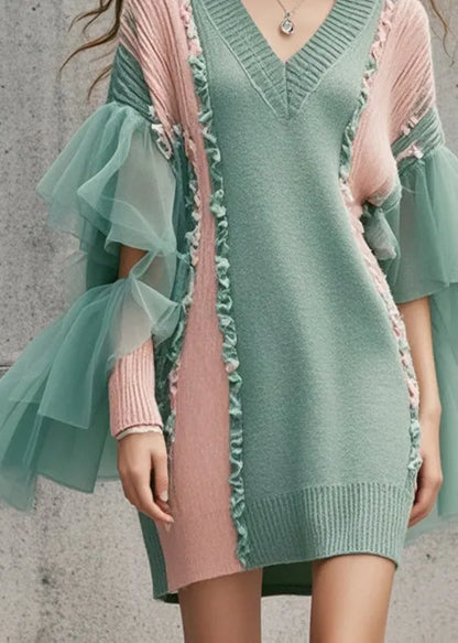 Diy Green Ruffled Patchwork Tulle Long Sweater Fall