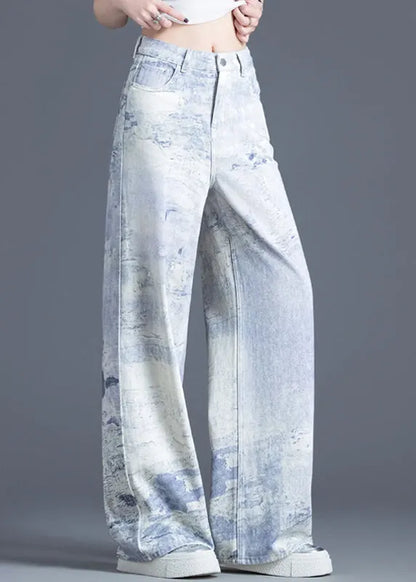 Stylish Blue Pockets Tie Dye Cotton Straight Pants Spring