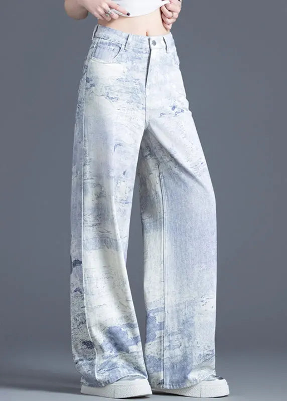 Stylish Blue Pockets Tie Dye Cotton Straight Pants Spring