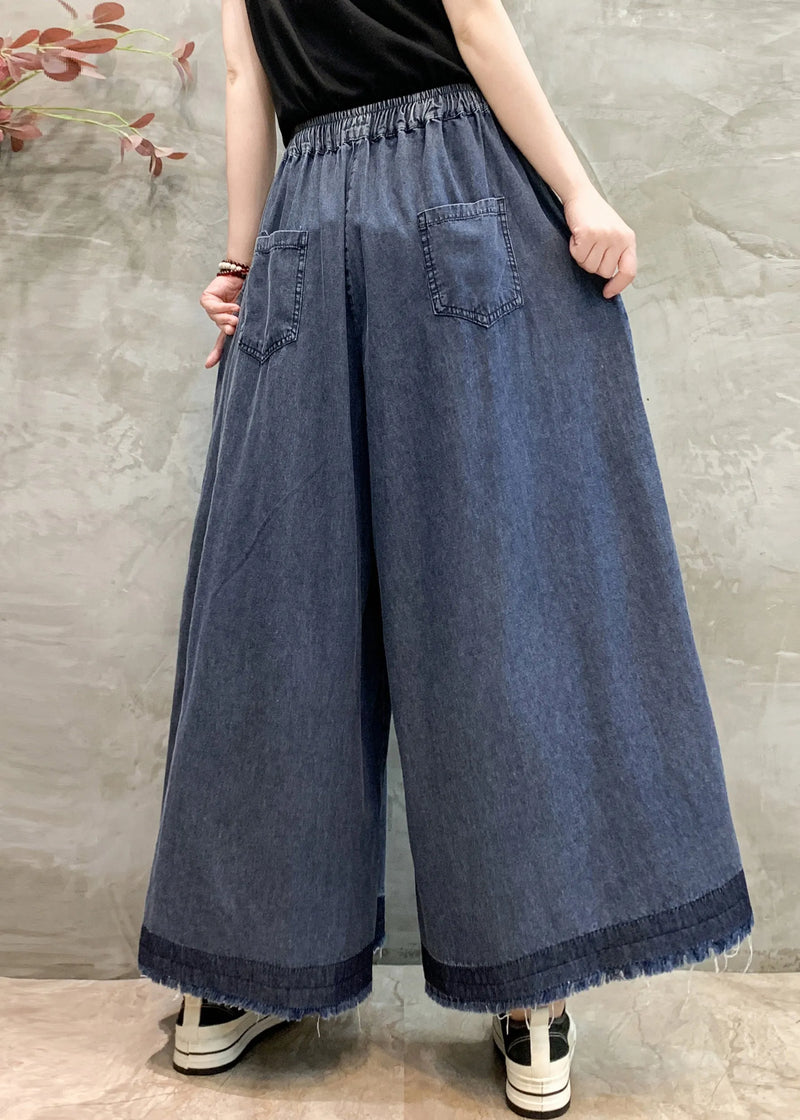 Navy Oversized Wrinkled Denim Wide Leg Pants Summer