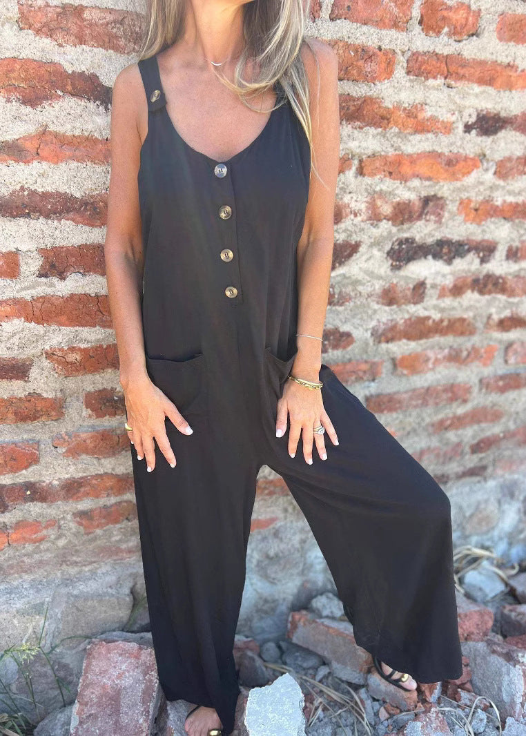 Baby Blue Pockets Button Cotton Overalls Jumpsuit Sleeveless