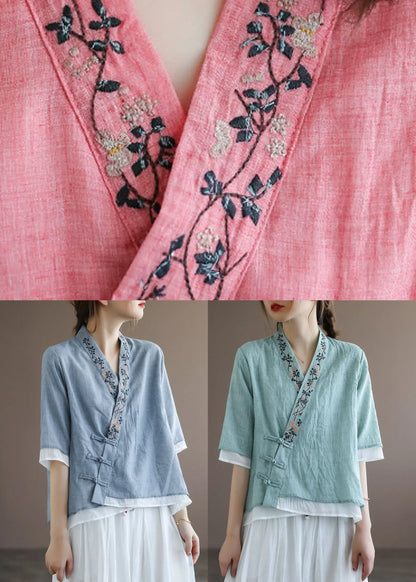 Orange Oriental Embroidered Cotton Blouses Half Sleeve