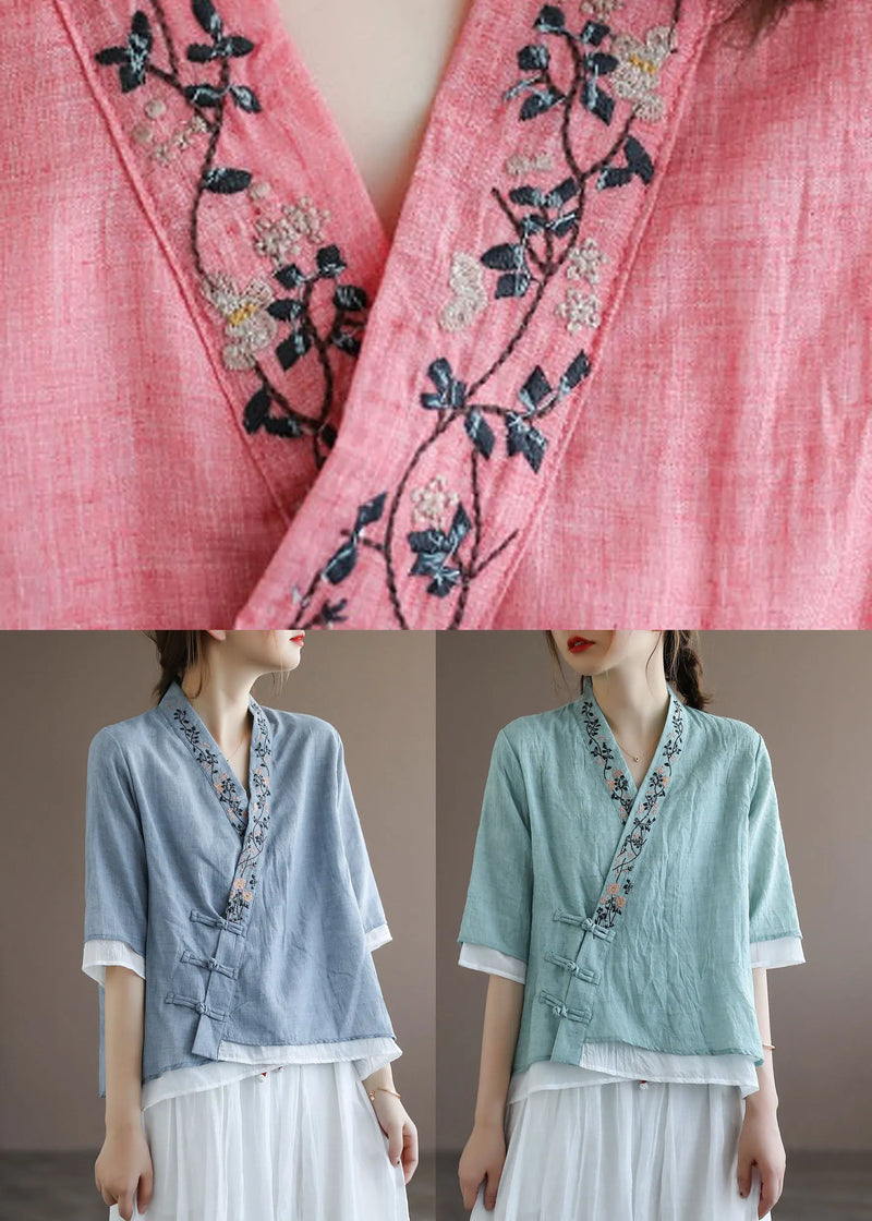 Orange Oriental Embroidered Cotton Blouses Half Sleeve