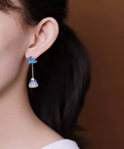 Blue Silver Jade Drop Cloisonne Lotus Earrings