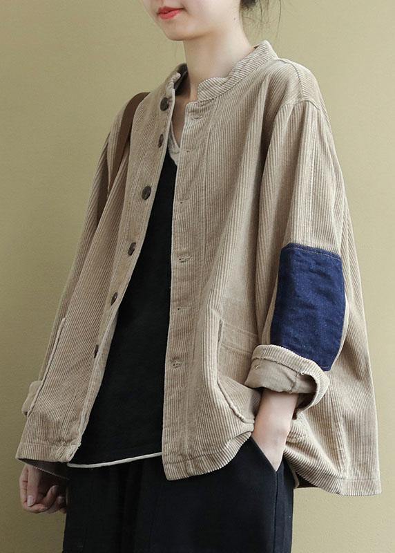 Khaki Button Patchwork Pockets Fall Long Sleeve Top