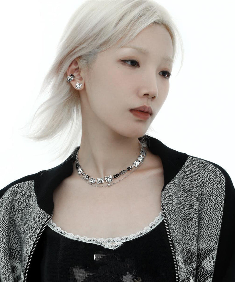 Silk Stainless Steel Graffiti Cat Double-layer Necklace