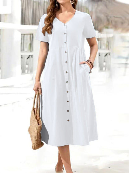 Loose Cotton Linen V-neck Single-row Multi-button Short-sleeved Large Yards Wind Dress