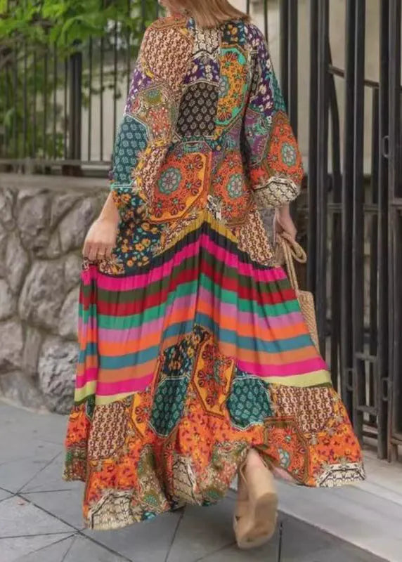 V Neck Print Wrinkled Cotton Long Dress Spring