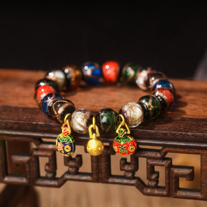 Buddha Stones Five Elements Gold Swallowing Beast Family Charm Liuli Glass Bead Luck Bracelet