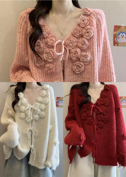 Natural Red Decorated Warm Knit Cardigans Fall