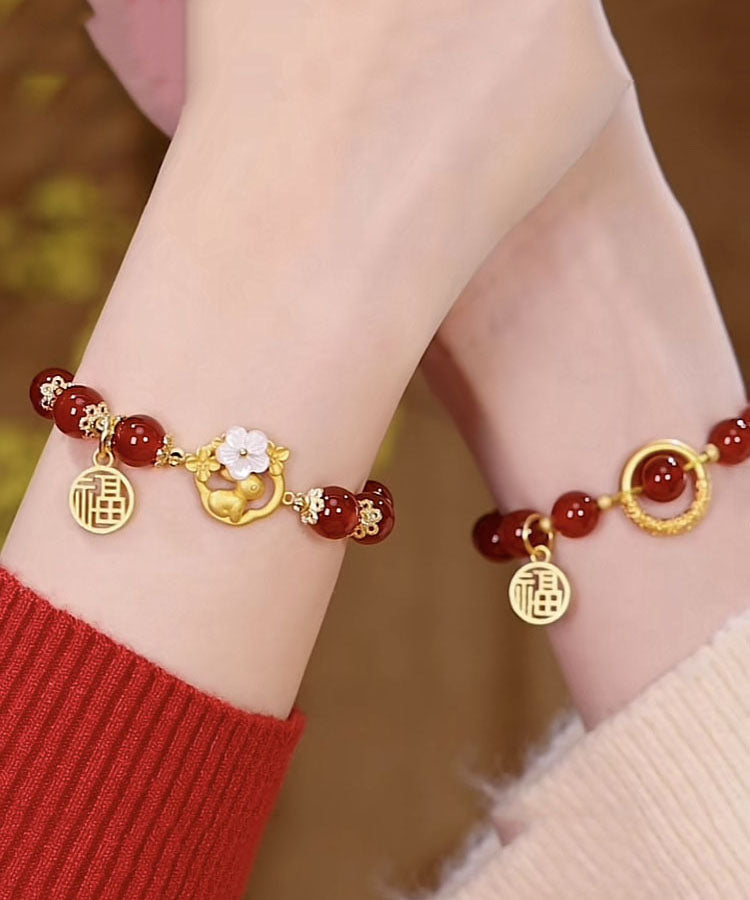 Modern Red Sterling Silver Inlaid Agate Jade Rabbit Chain Bracelet