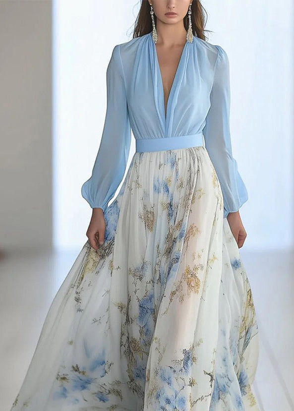 Classy Blue V Neck Print Chiffon Maxi Dresses Long Sleeve