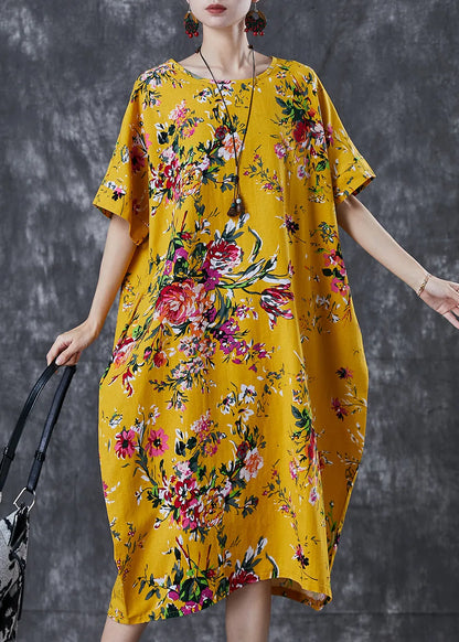 Diy Yellow Oversized Print Cotton Maxi Dresses Summer