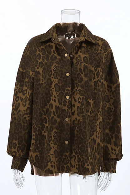 Street Leopard Print Buttons Turndown Collar Tops