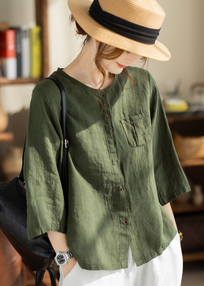 Loose Orange O Neck Button Pockets Linen Tops Bracelet Sleeve