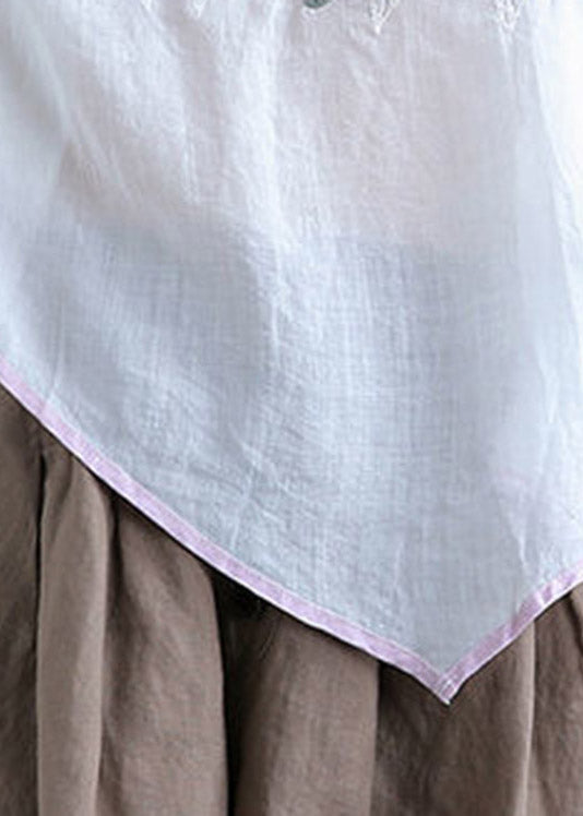 Fine White V Neck Embroidered Linen Top Short Sleeve