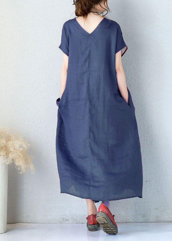 Simple Linen Clothes for Fitted Summer Loose Short Sleeve Navy Blue Dress