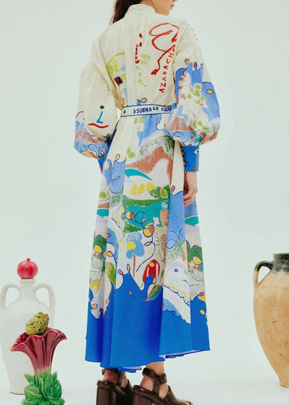 Stand Collar Print Button Long Dress Lantern Sleeve