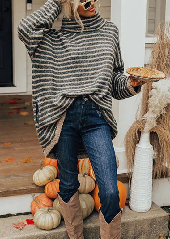 Black Hign Neck Thick Striped Knitted Sweaters Tops Fall