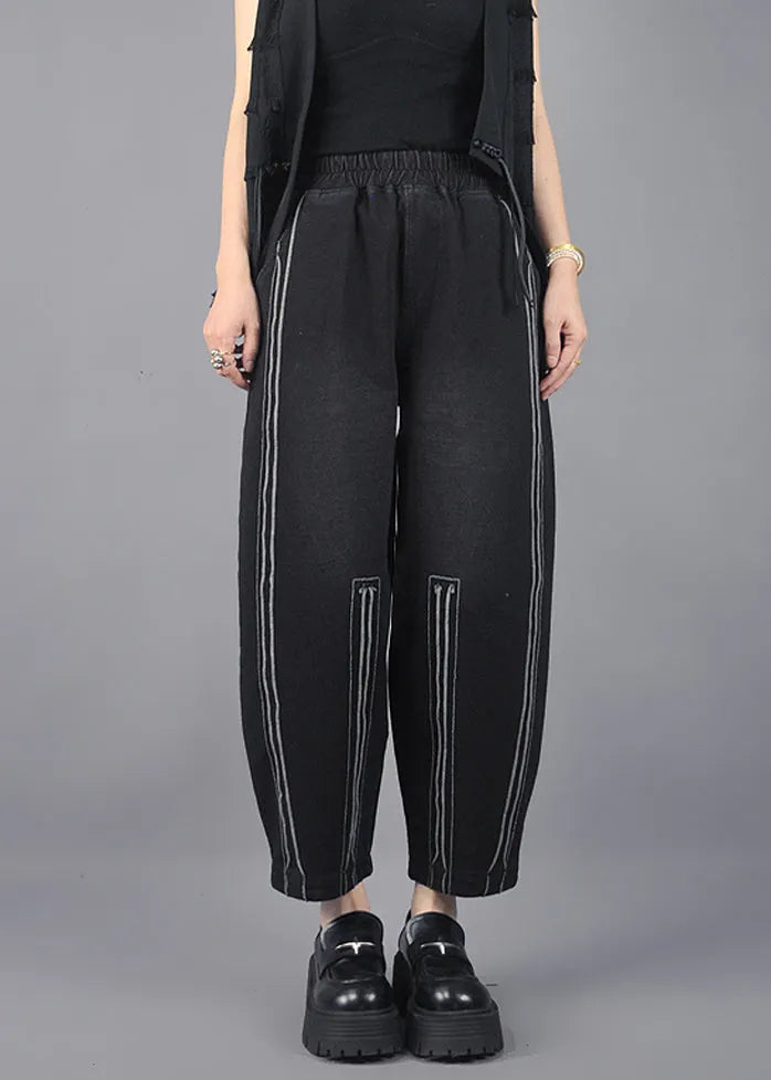 Classy Black Oversized Striped Cotton Harem Pants Spring