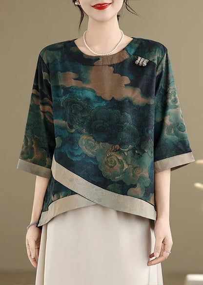 Green Asymmetrical Print Silk Blouses Half Sleeve