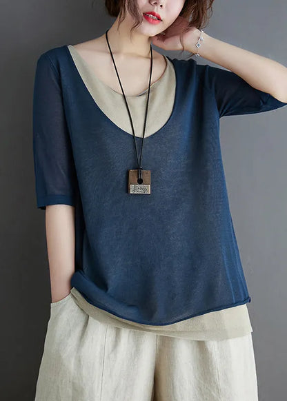 Stylish Navy Patchwork Knit Fake Two Piece Tops Summer