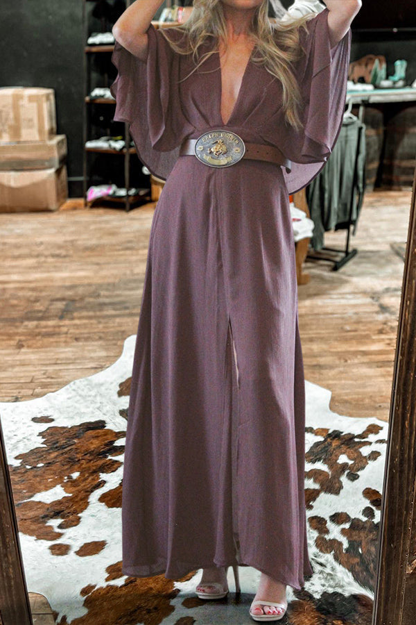 Deep V-neck Flowy Sleeves Leg Slit Dress
