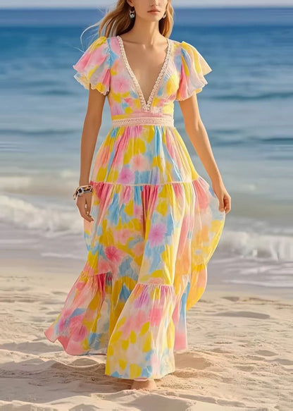 Diy Rainbow Puff Sleeve Print Chiffon Beach Dress Summer