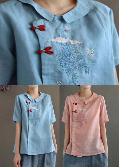Pink Peter Pan Collar Embroidered Linen Blouse Tops Spring