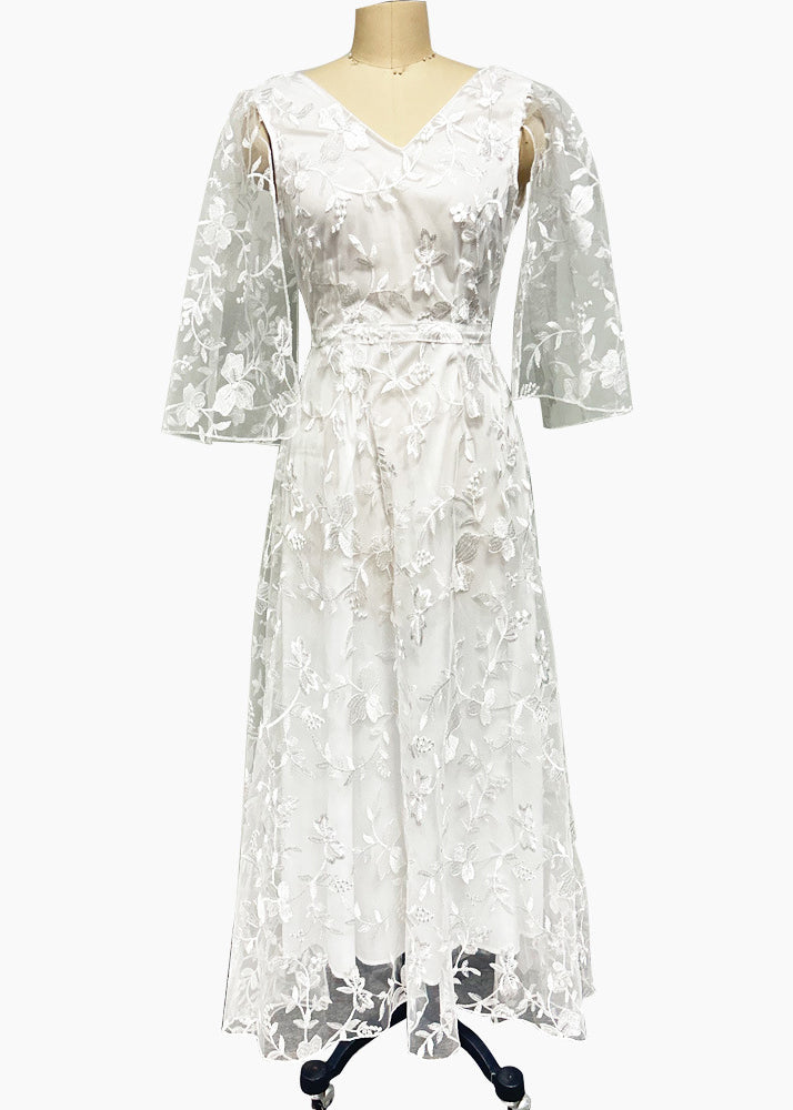 Stylish White V Neck Backless Lace Dresses Summer