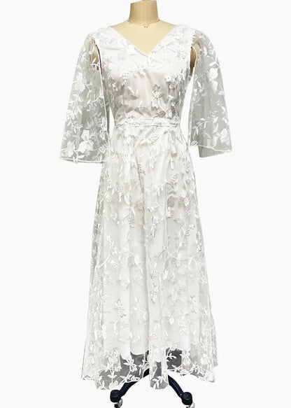 Stylish White V Neck Backless Lace Dresses Summer