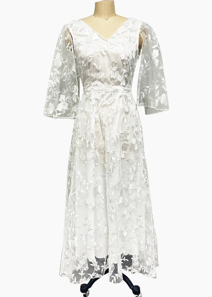 Stylish White V Neck Backless Lace Dresses Summer