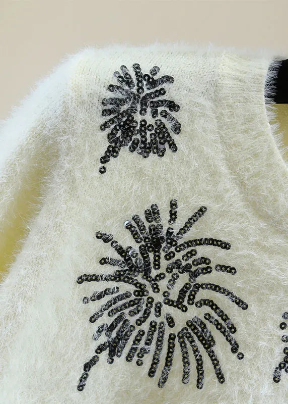 Natural White O-neck Sequins Thick Cotton Knit Sweater Winter